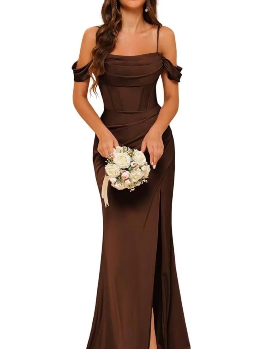Elegant Brown Off-Shoulder Evening Gown